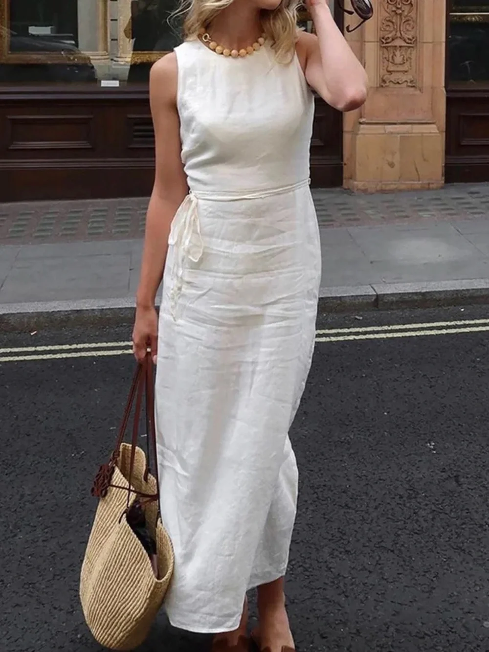 Commense White Linen Blend Sleeveless Midi Maxi Tie Waist Dress Small NWT - Picture 1 of 11